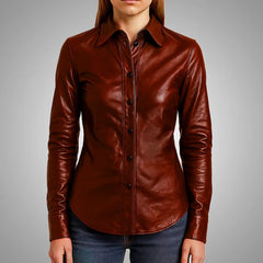 Women's Button Down Lambskin Leather Shirt - Mahogany