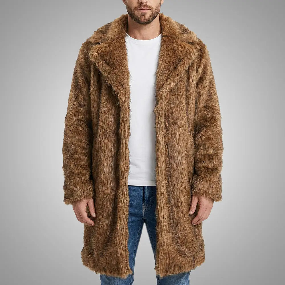 Long Faux Fur Jacket for Men – Luxury Thickened Winter Coat